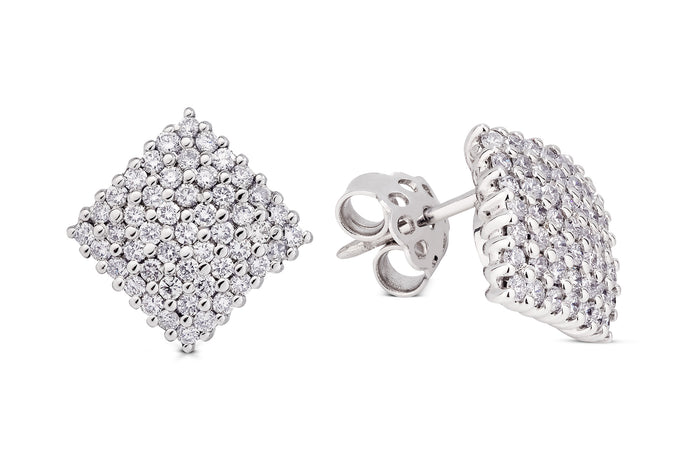 18k White Gold Square-Shaped Earrings set with 98 Round Brilliant Cut Natural Diamonds